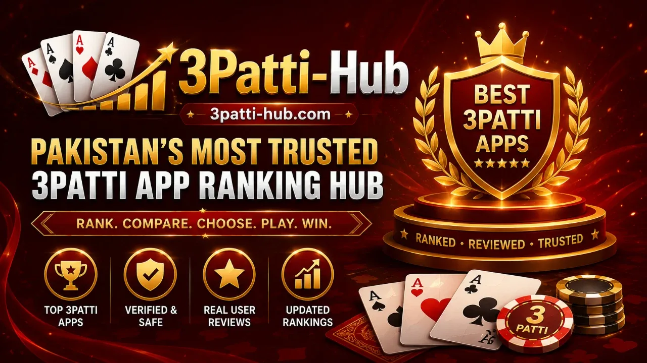 3Patti Hub hero banner — deep ruby accents, gold highlights, refined mobile frames, abstract card motifs, no third-party logos